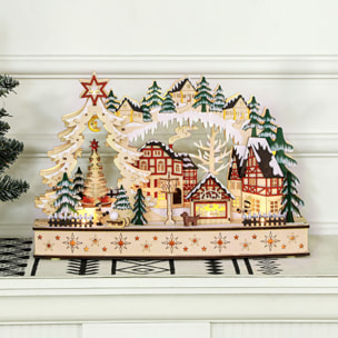 Village de Noël lumineux animé en bois - 20 LED - dim. 45L x 12l x 30H cm