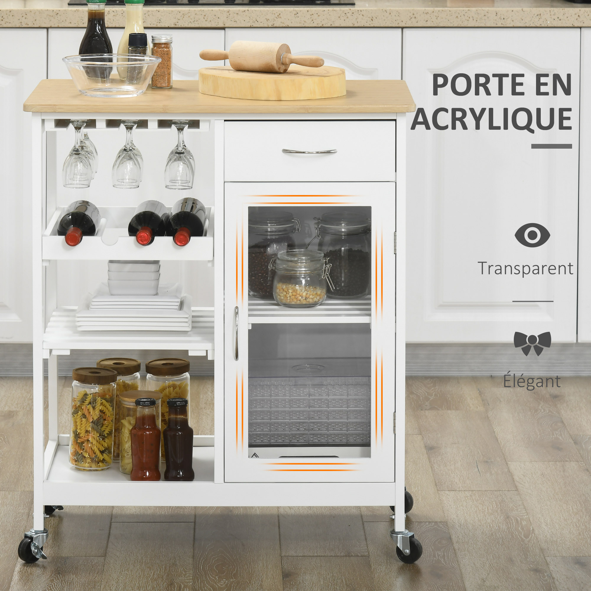 Desserte de cuisine multi-rangement - porte acrylique poignées métal MDF blanc aspect bambou