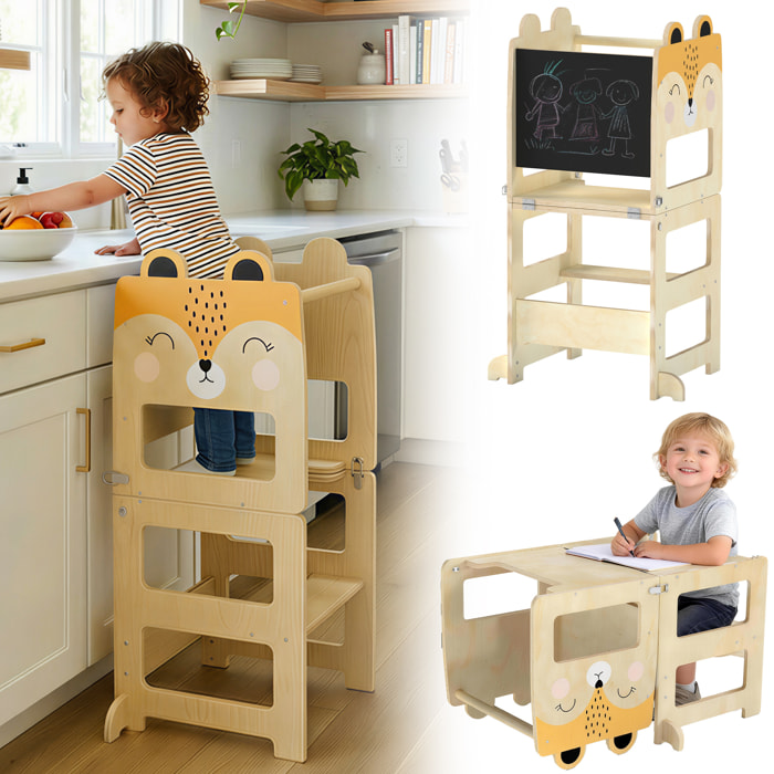 Torre de Aprendizaje 3 en 1 Plegable, Convertible en Escritorio y Silla, Taburete de Aprendizaje para Niños de 2-5 Años con Pizarra, Dibujos de Zorros, para Baño, Cocina, Natural