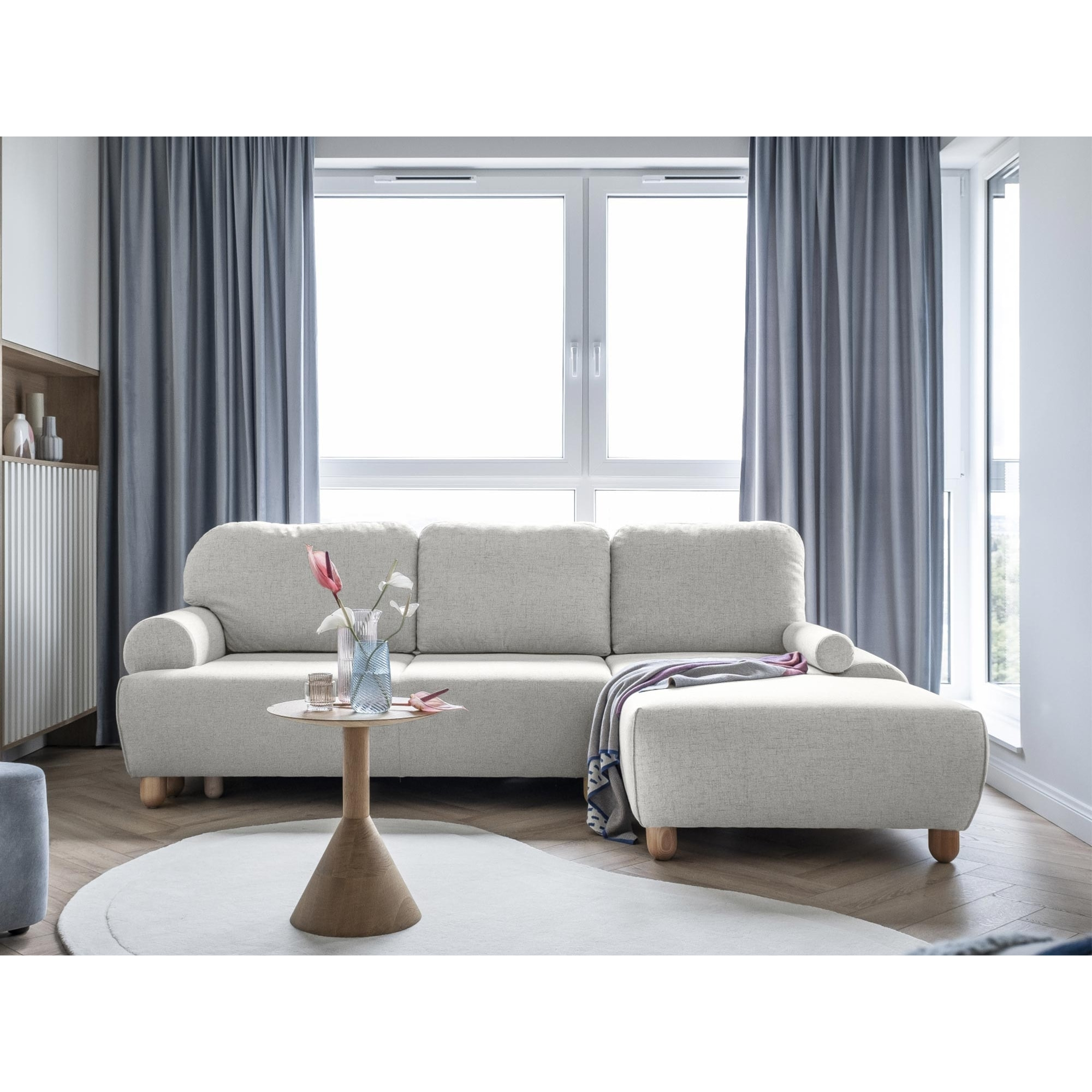 Olli - canapé d'angle droit - convertible - avec coffre - 4 places - en tissu - Beige