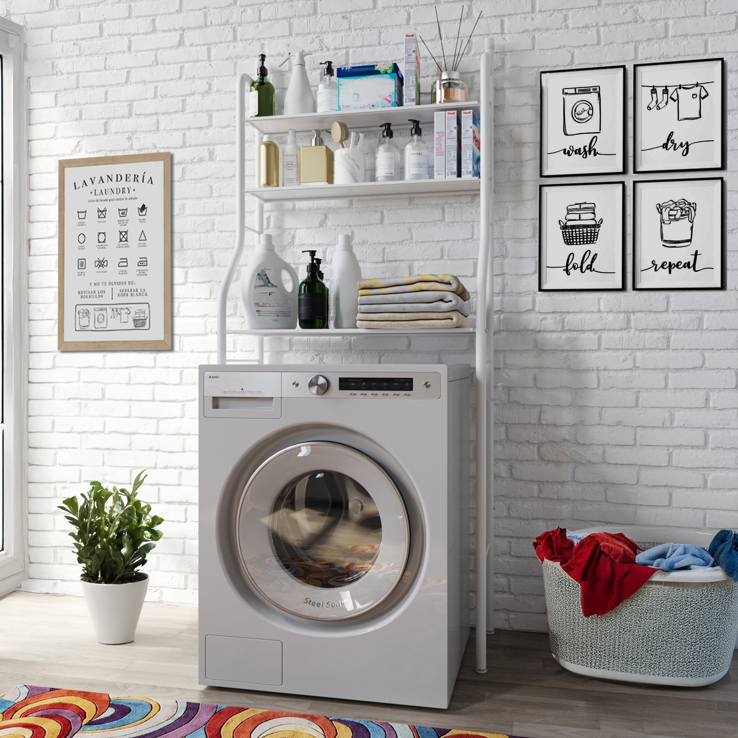 Scaffale Bagno 3 Mensole Ripiano Superiore Mobile Sopra Lavatrice Lavanderia Salvaspazio Ripiani Organizer Da Parete In Metallo 152x65x25 Cm Bianco