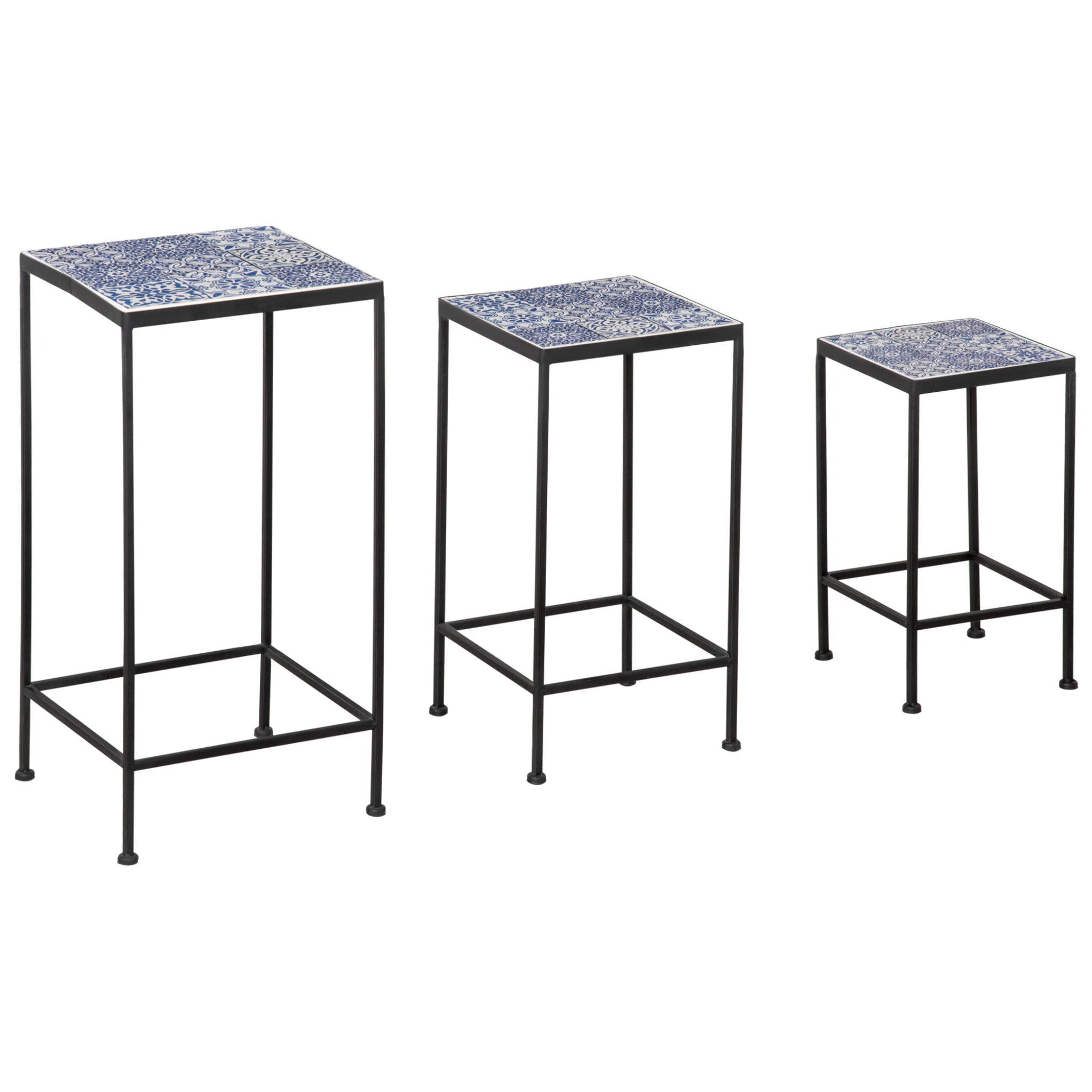 Support pots de fleurs 3 pièces - lot de 3 étagères à fleurs - portes plantes empilables - métal époxy plateaux carreaux céramique bleu