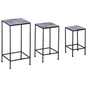 Support pots de fleurs 3 pièces - lot de 3 étagères à fleurs - portes plantes empilables - métal époxy plateaux carreaux céramique bleu