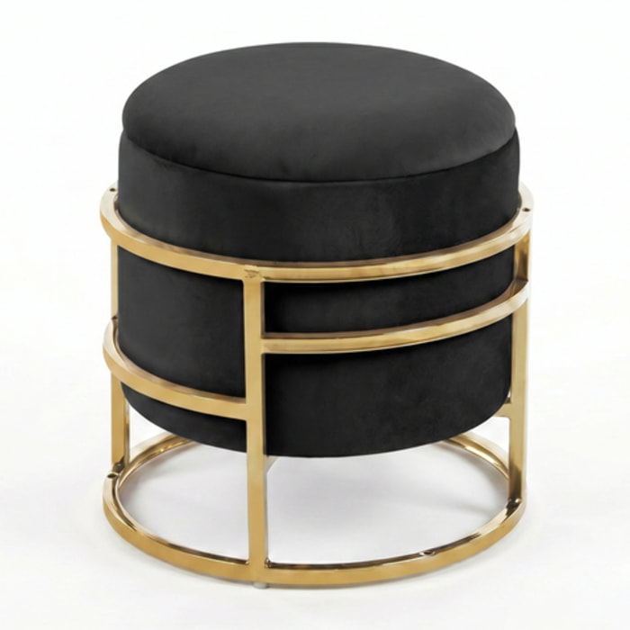 Pouf Contenitore Rotondo in Velluto con Coperchio e Base in Acciaio Dorata, Seduta Imbottita con Vano Contenitore dallo Stile Elegante per Soggiorno, Camera da Letto e Ingresso