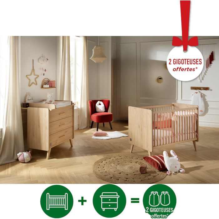 Chambre bébé complète Arty, Lit 120x60 et Commode à langer - Chêne suave