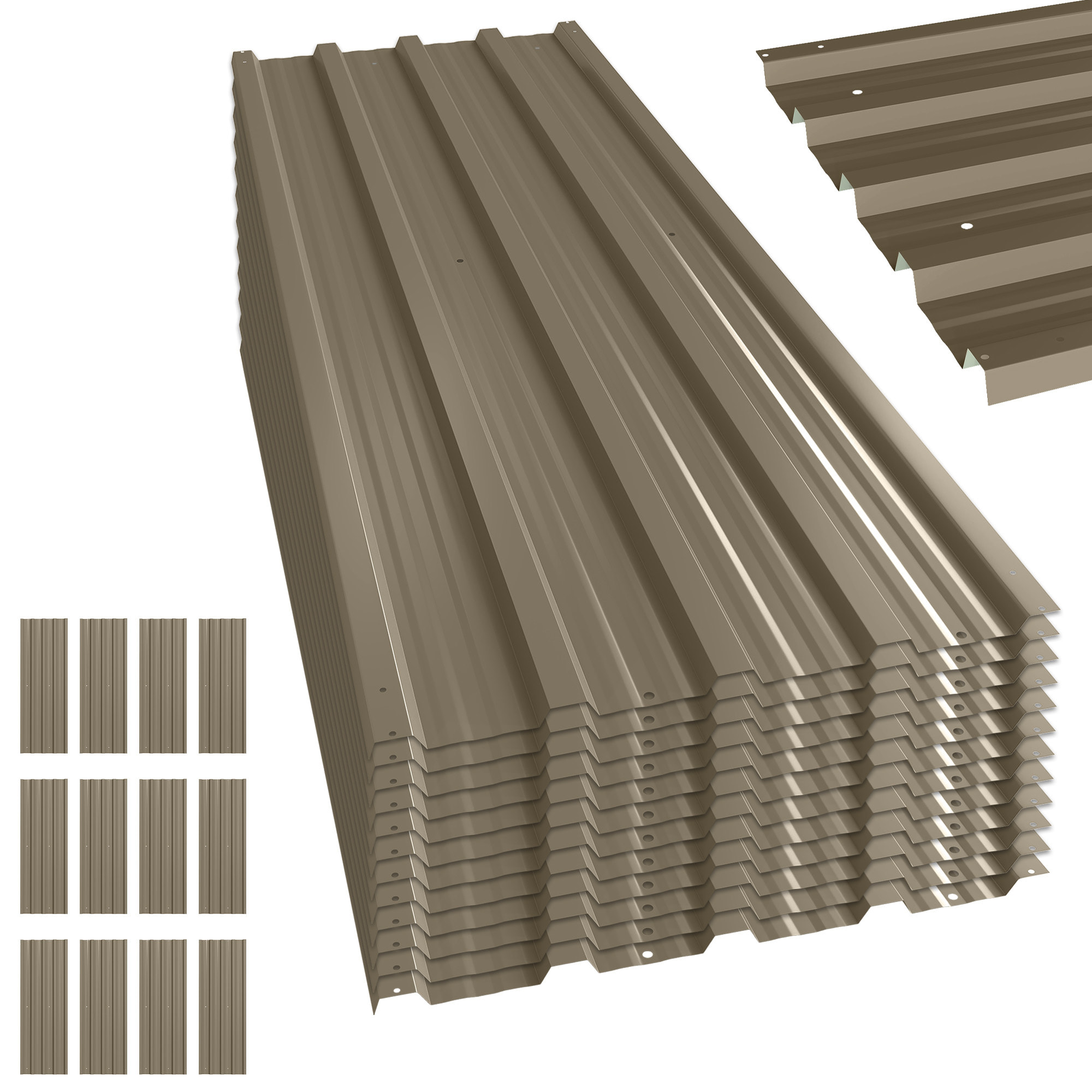 12x Paneles para Tejado de Acero Galvanizado, Chapas Perfiladas de Techo 7m², para Caseta de Herramientas, Cobertizo, Garaje, Exterior, 129x45cm, Marrón