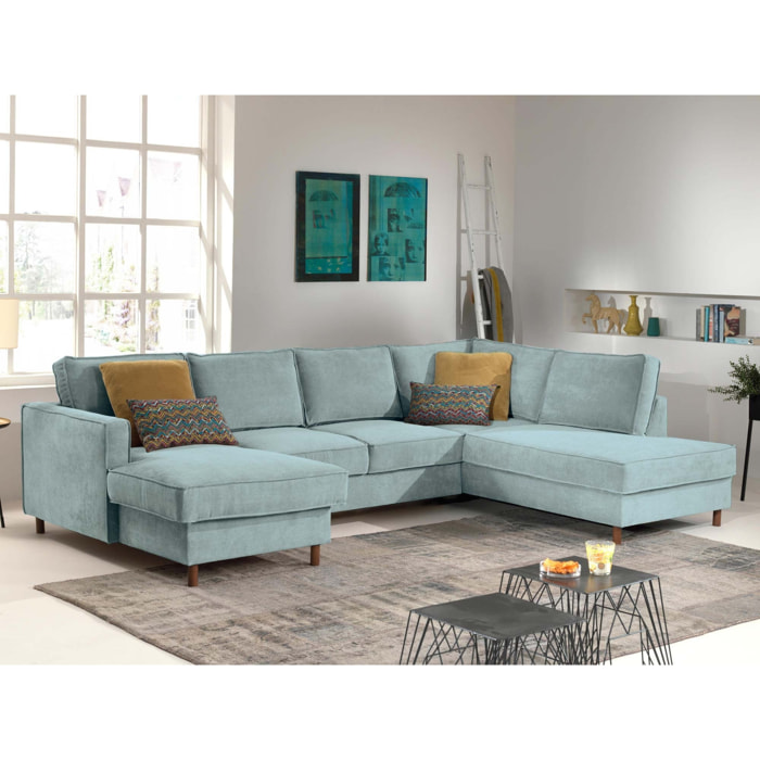 Jake - canapé panoramique d'angle droit - convertible avec coffre - 7 places - en velours côtelé - Bleu