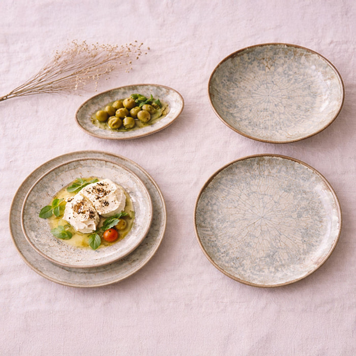 Lot de 6 assiettes creuses 21cm en faience bleu et blanc MINERAL