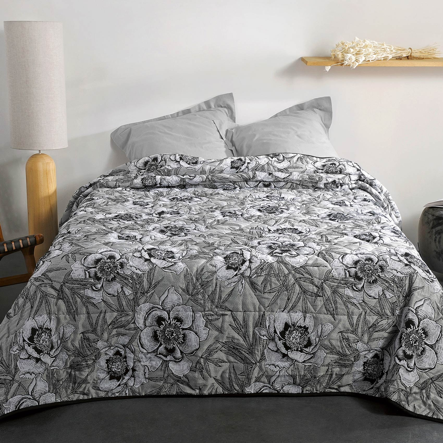 Jeté de lit aux impressions florales - Gris Perle