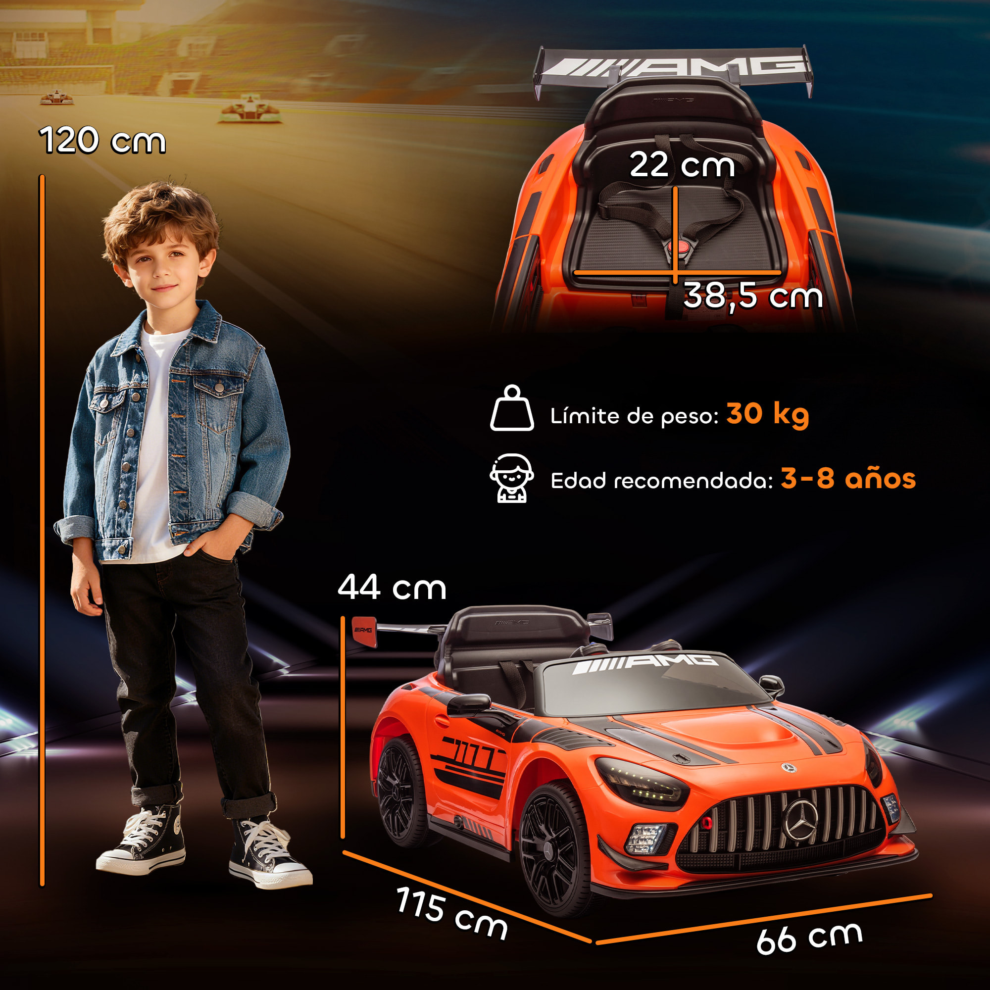Coche Eléctrico para Niños, Mercedes-AMG GT3 Evo, Coche de Batería 12V, con Mando a Distancia 2,4 G, Motor Doble, Ruedas Auxiliares, Asa de Arrastre, Música Inalámbrica, Faros, Naranja