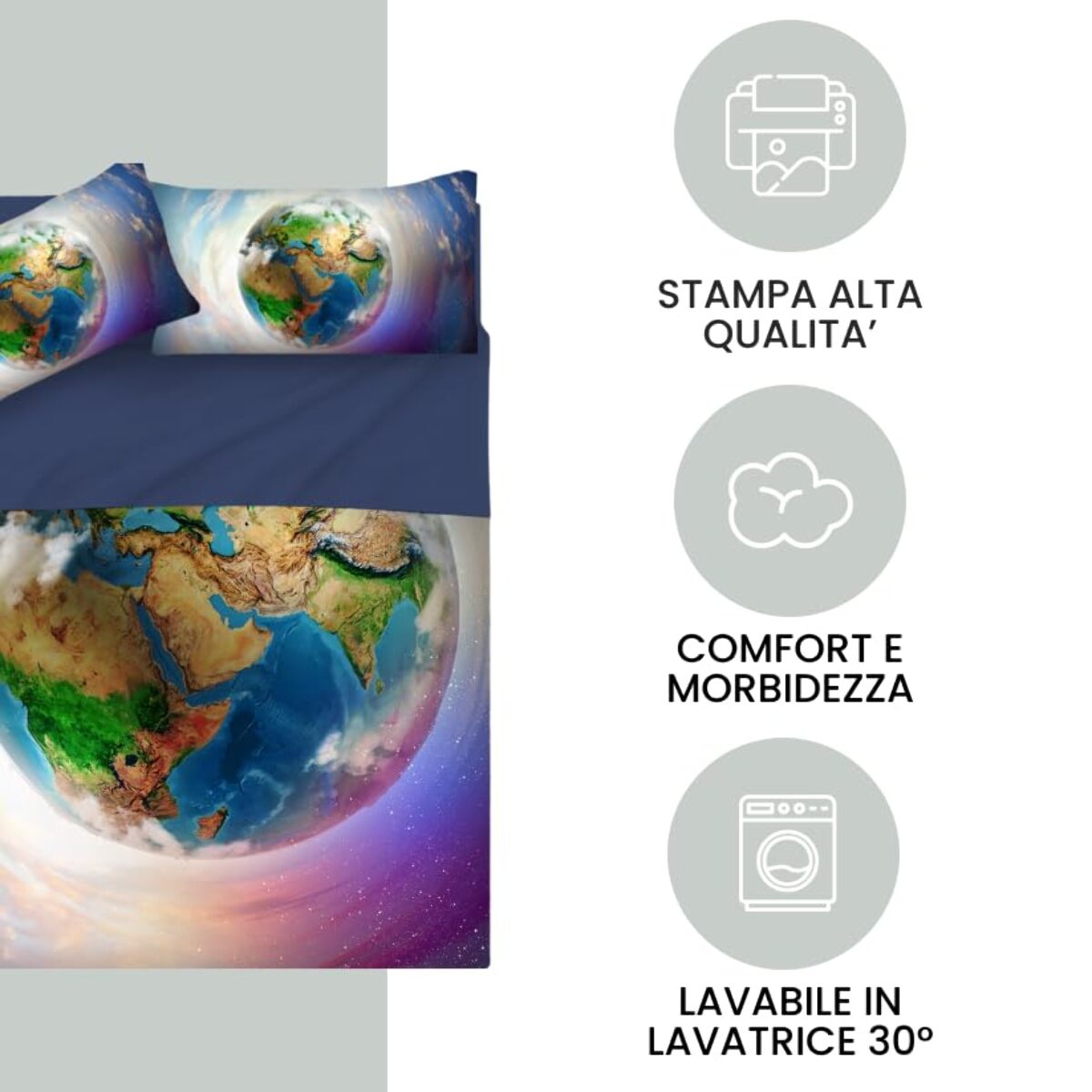 INTRECCI Set Lenzuola Matrimoniali in Cotone, Stampa Alta Qualità, Lenzuolo Sotto + Lenzuolo Sopra + 2 Federe, Comfort, Morbidezza, per Pelli Sensibili, non Stringe in Lavatrice. Fantasia: World
