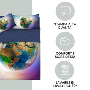 INTRECCI Set Lenzuola Matrimoniali in Cotone, Stampa Alta Qualità, Lenzuolo Sotto + Lenzuolo Sopra + 2 Federe, Comfort, Morbidezza, per Pelli Sensibili, non Stringe in Lavatrice. Fantasia: World