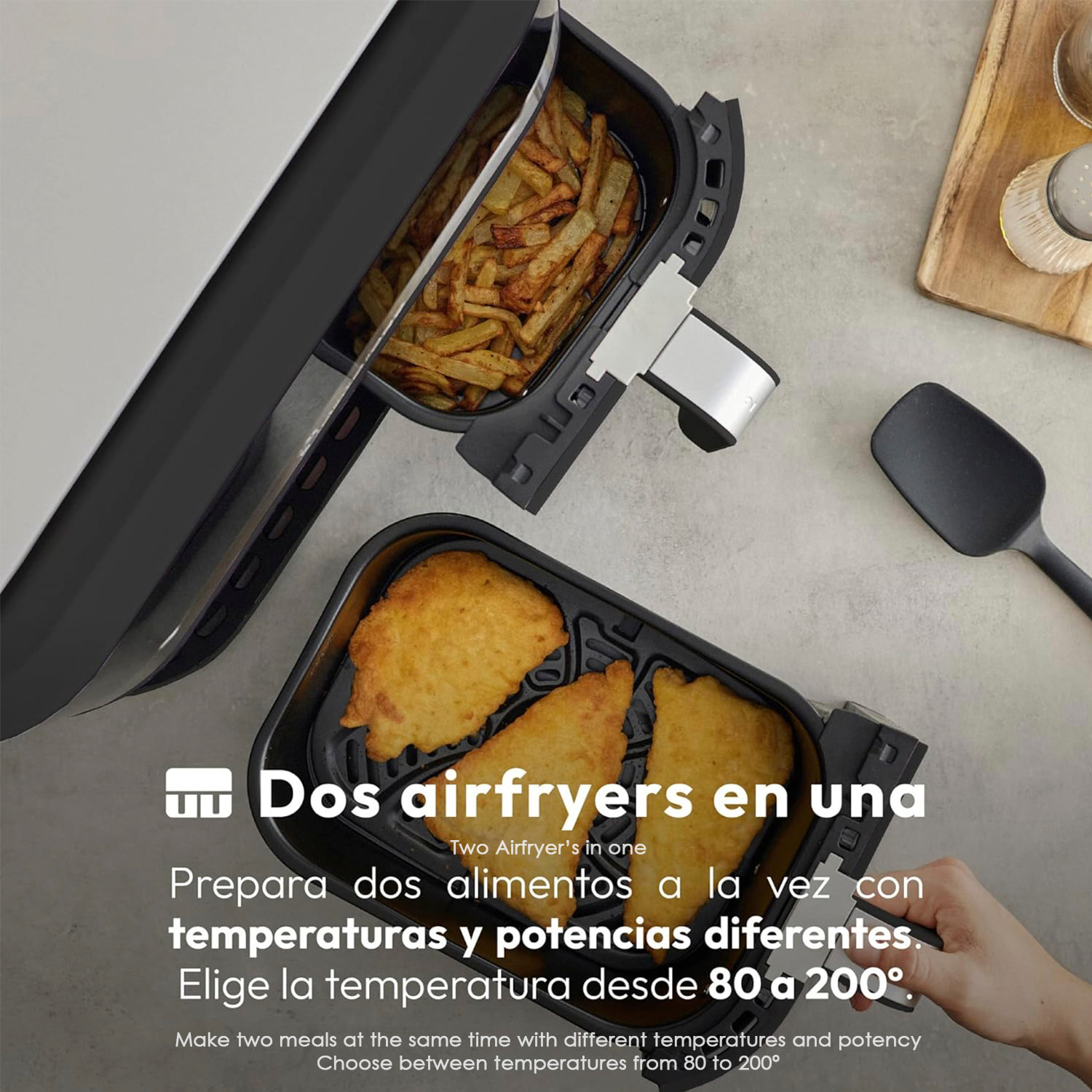Freidora de aire sin aceite de 3000w doble cesta con 10L de capacidad totales. Panel digital multifunción con temporizador y alarma de finalización.