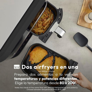 Freidora de aire sin aceite de 3000w doble cesta con 10L de capacidad totales. Panel digital multifunción con temporizador y alarma de finalización.