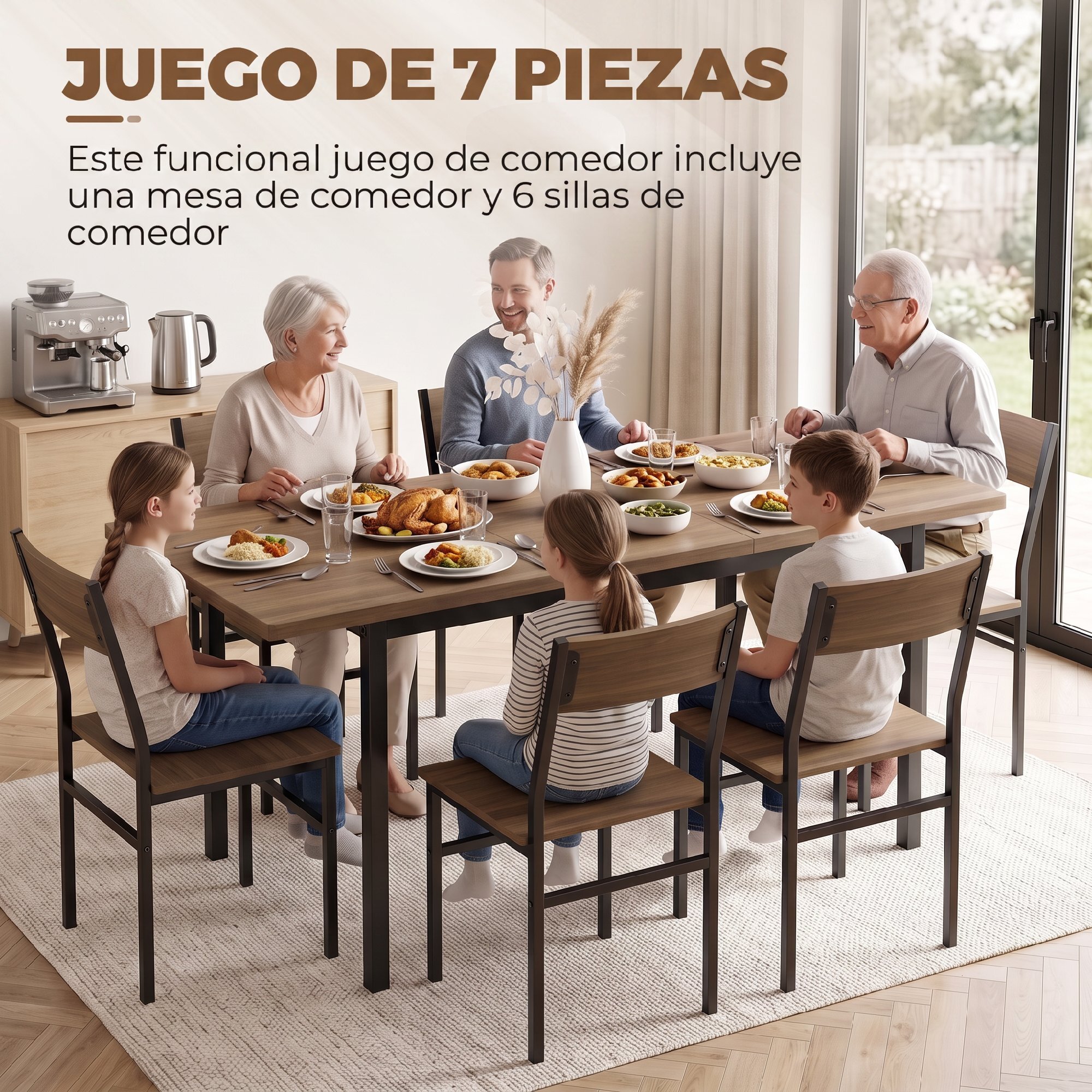 HOMCOM Conjunto de Mesa y 6 Sillas de Comedor de 7 Piezas, Mesa de Cocina Extensible 120-160 cm con 6 Sillas Apilables, Ahorro de Espacio, para 4-6 Personas, Marco Metálico, Marrón Efecto Madera