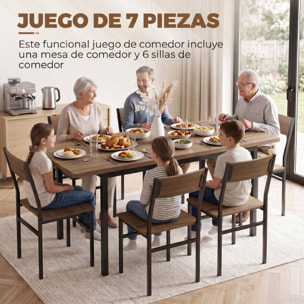 HOMCOM Conjunto de Mesa y 6 Sillas de Comedor de 7 Piezas, Mesa de Cocina Extensible 120-160 cm con 6 Sillas Apilables, Ahorro de Espacio, para 4-6 Personas, Marco Metálico, Marrón Efecto Madera