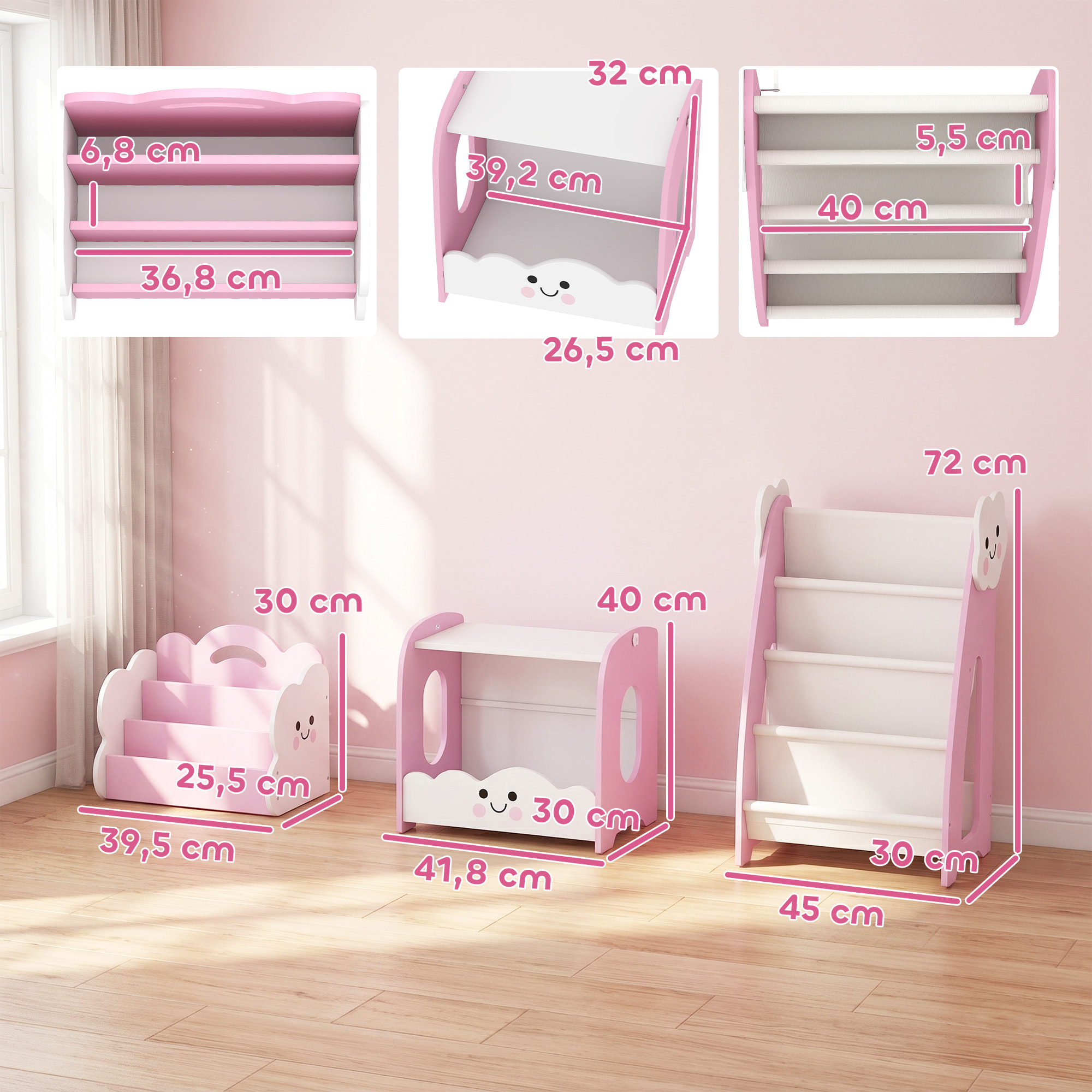 Estantería Infantil para Juguetes 3 en 1, Organizador de Juguetes con Librería, Revistero y Mesita de Noche, para Niños 3-8 Años, para Dormitorio, Sala de Juegos, 85,5x32x72 cm, Rosa
