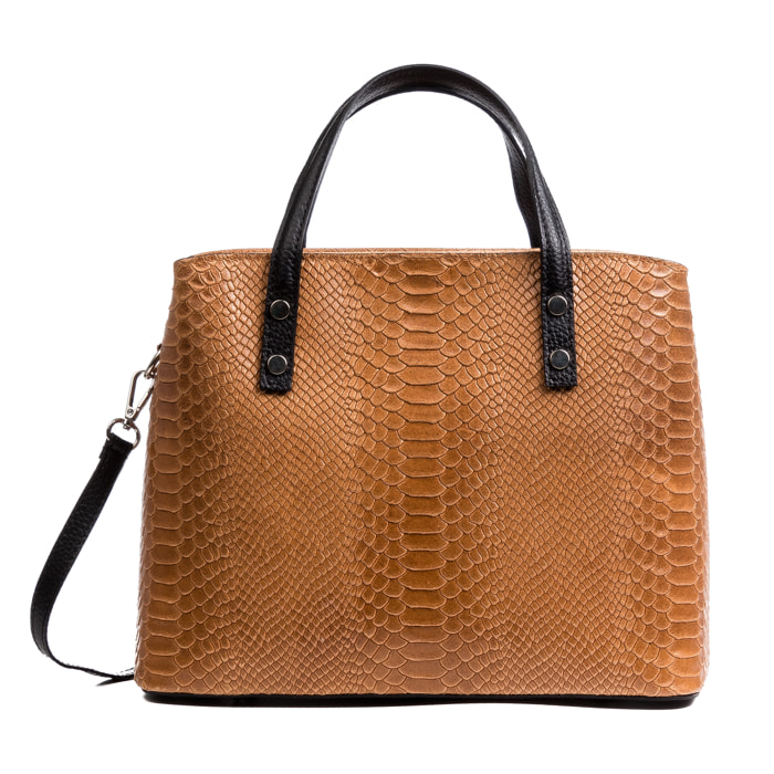FIRENZE ARTEGIANI Borsa Tote Vittoria da Donna. Vera Pelle Scamosciata Incisione Serpente Made in Italy 32x14x25 Cm. Marrone chiaro