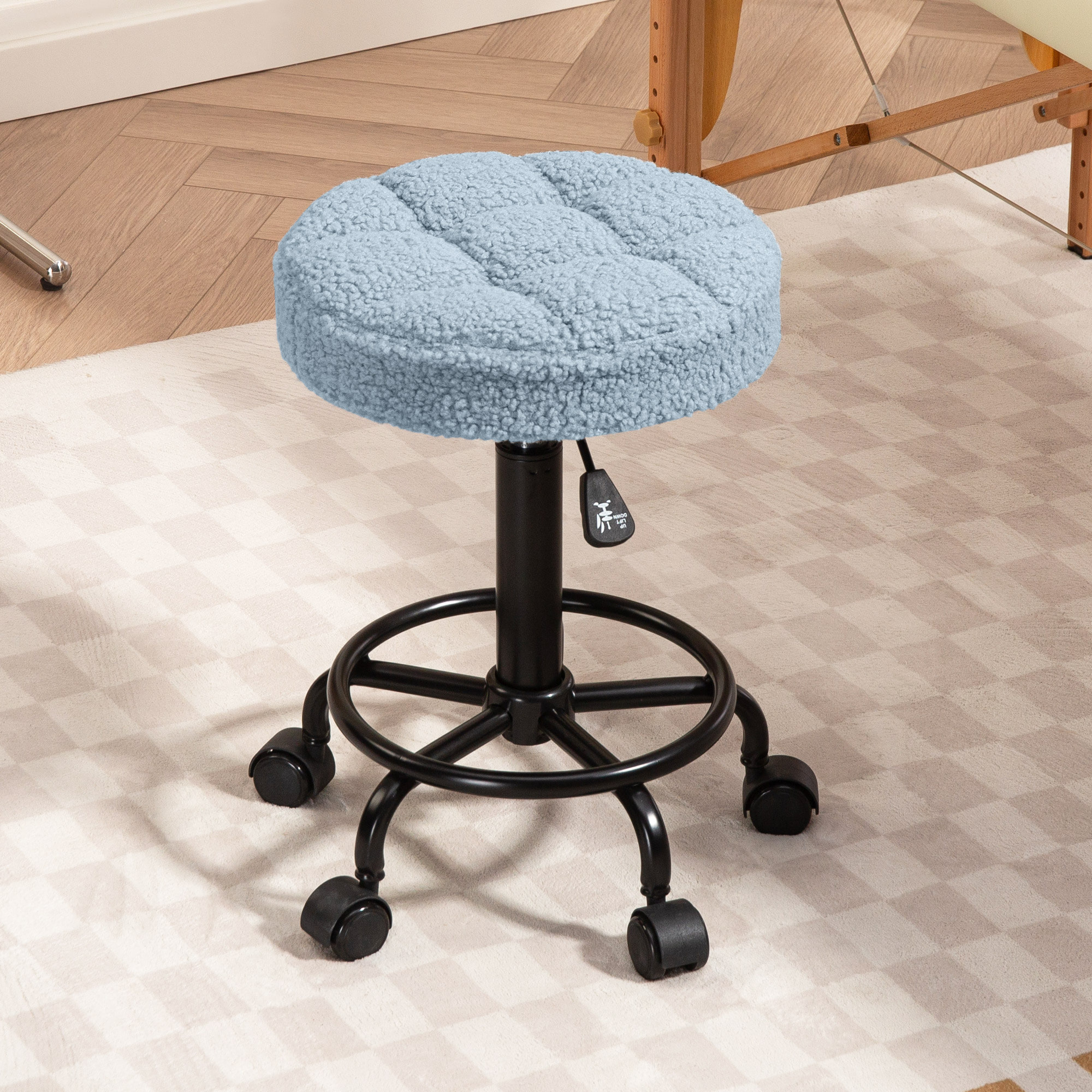 Taburete Giratorio Redondo Taburete con Ruedas Altura Regulable 50-66 cm Asiento Tapizado en Tejido de Borreguito para Salones Talleres Spa Masaje Azul