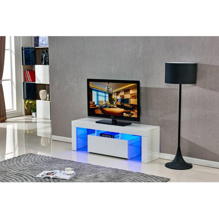 Meuble TV LED ''Borda'' - 130 x 34 x 45 cm - Blanc laqué