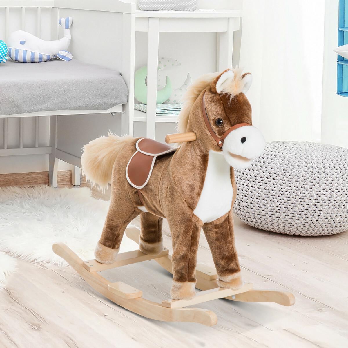 Cheval à bascule cheval de cowboy selle grand confort peluche courte douce bois peuplier marron