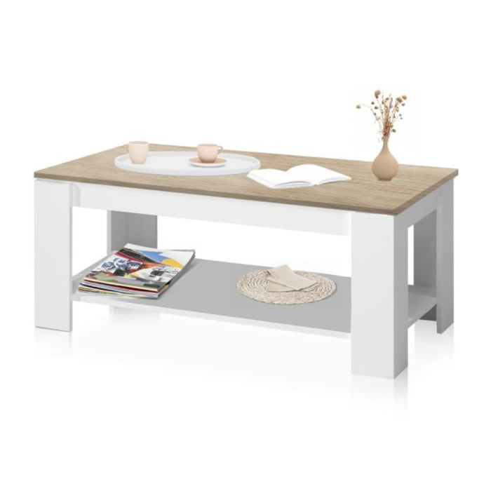 Mesa de centro elevable Lya Blanco Artik (Blanco Mate) - Roble Canadian