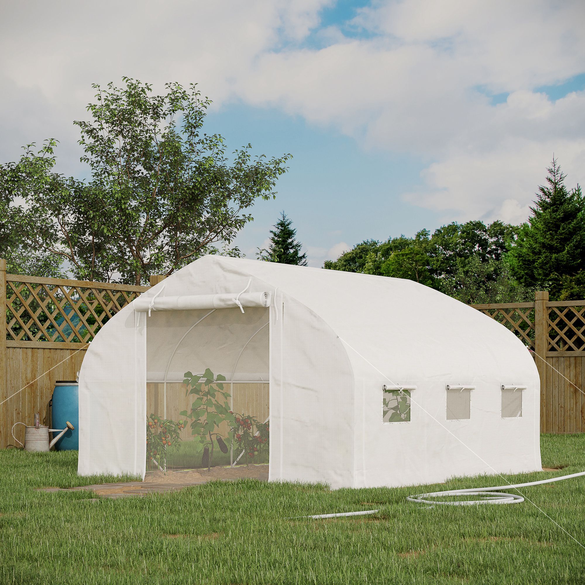 Serre de jardin tunnel 10,4 m² - 6 fenêtres et porte zippée avec moustiquaires - acier galvanisé PE blanc