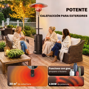 Estufa de Gas Butano 13 kW, Calefactor de Gas Terraza Exterior con Mesa Ø40 cm, Regulación Continua del Calor, Encendido Piezoeléctrico, Antivuelco y 2 Ruedas para Jardín, 30 m², Marrón