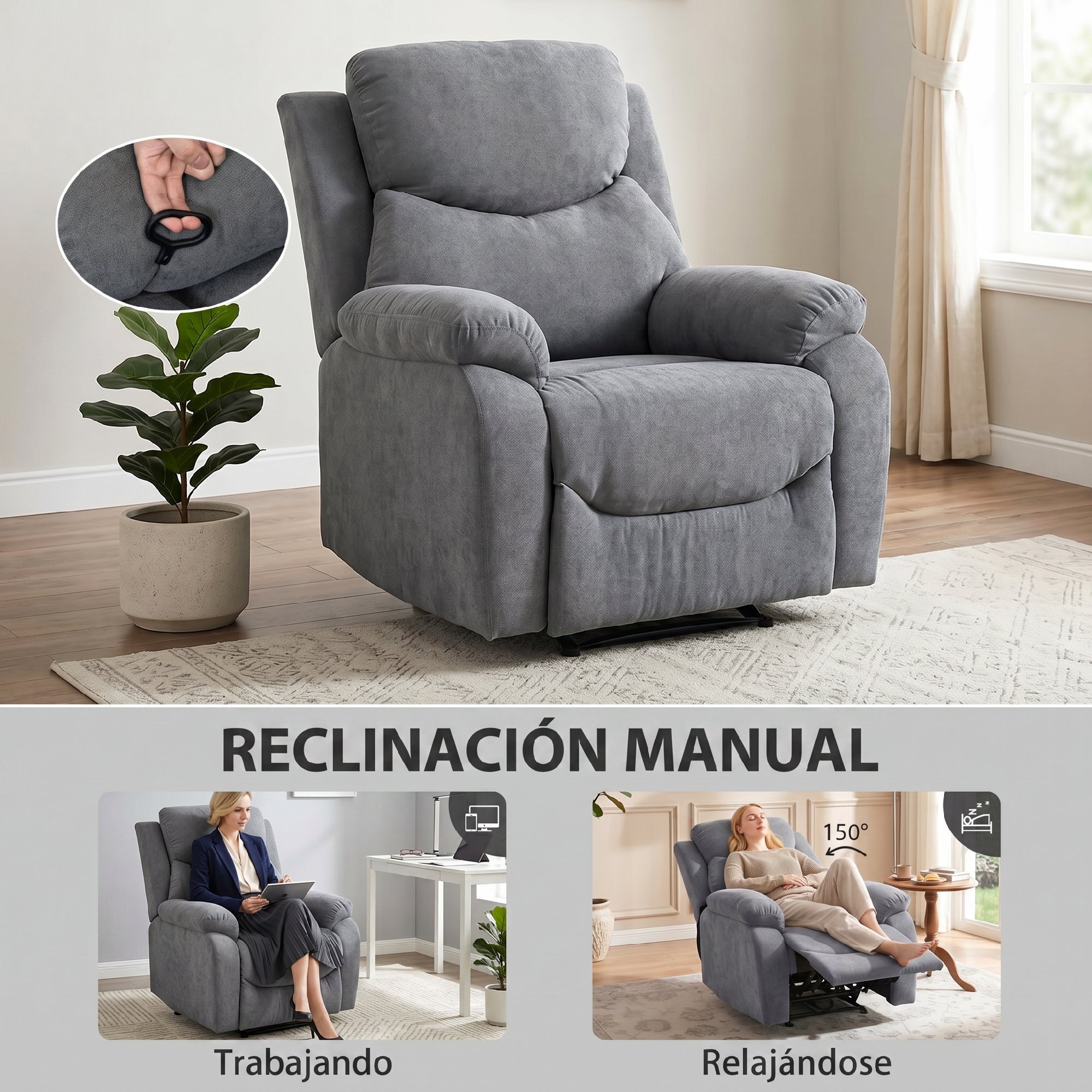 Sillón Relax Reclinable Manual, Sillón Relax Moderno, Tapizado en Tela Aspecto Lino, Reposapiés, Reposabrazos, Acolchado Grueso, Butaca Reclinable hasta 150°, Carga 120 kg, para Salón, Girs