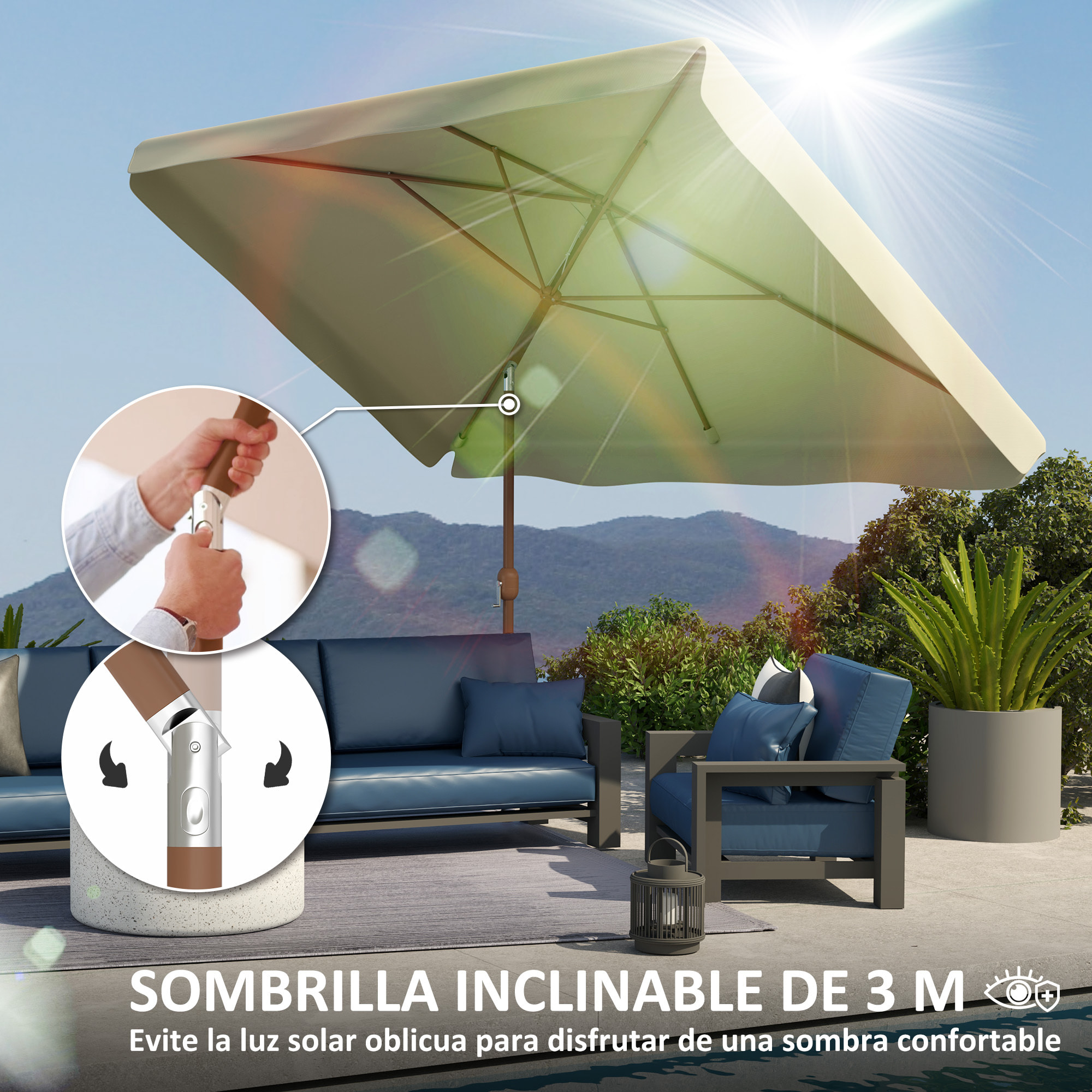 Sombrilla de Terraza Exterior 300x200 cm Parasol de Terraza Exterior con Ángulo Ajustable Mástil de Aluminio Manivela y Protección UV 50+ Sombrilla para Jardín Patio Beige