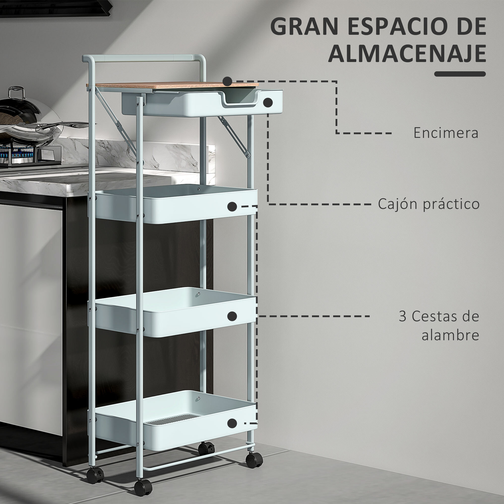 Carrito Auxiliar con Ruedas de 4 Niveles Carro de Cocina con 1 Cajón y 3 Cestas Carrito Organizador para Dormitorio Salón Oficina Verde Claro