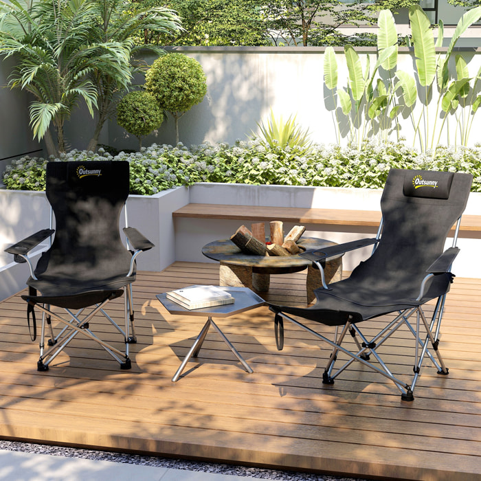 Lot de 2 chaises de camping pliantes - repose-pied amovible, rangements - sac transport - noir