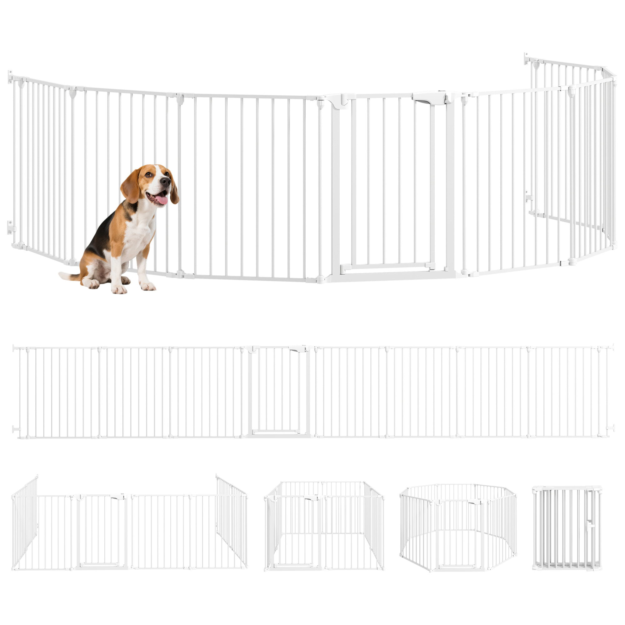 Barrera para Perros Plegable, 488x75 cm, Valla para Mascotas de 8 Paneles, Puerta con Cierre Doble, Barrera de Seguridad para Niños, Perros Pequeños y Medianos, para Escalera, Pasillo, Blanco