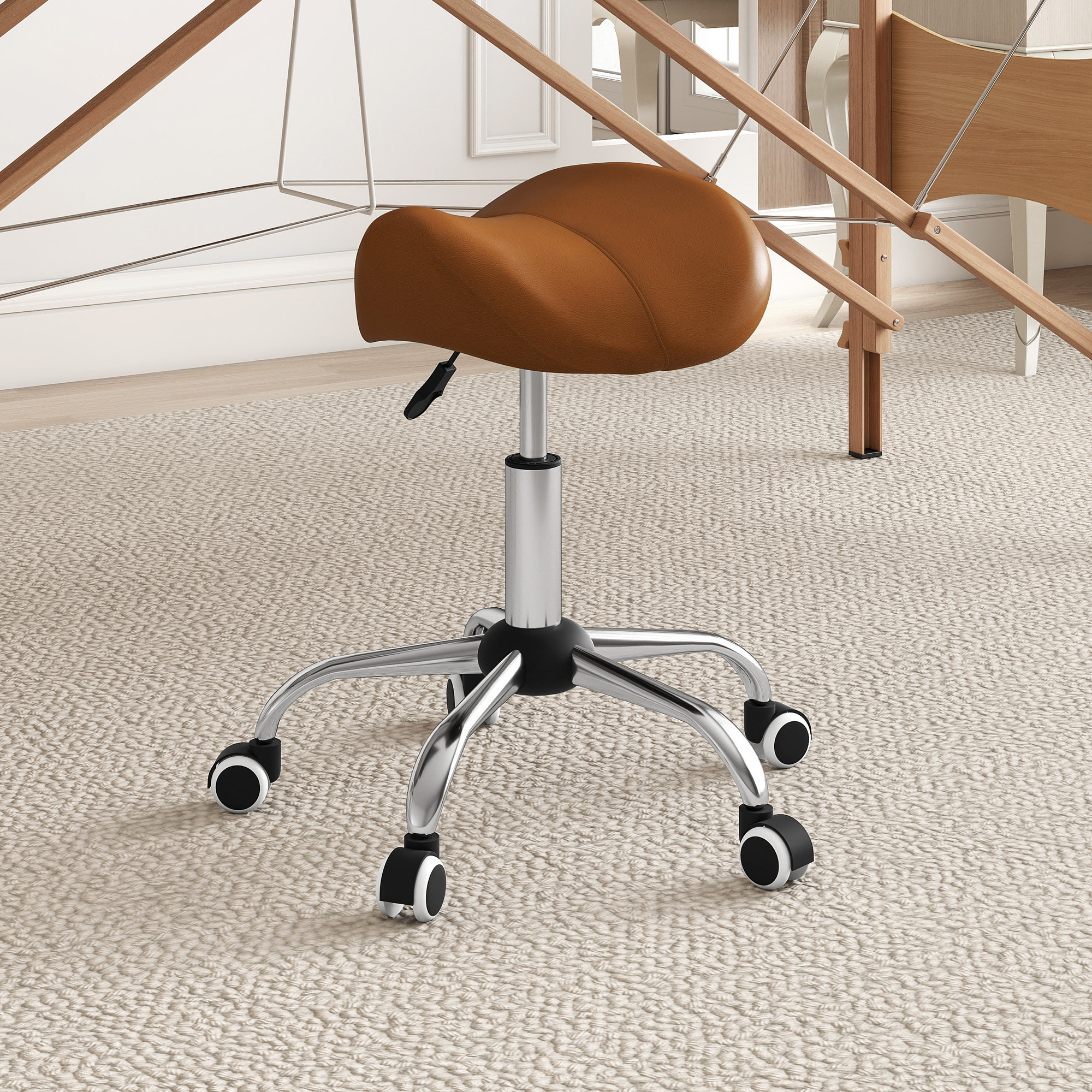 Taburete con Ruedas Taburete Giratorio Cosmético con Altura Ajustable Asiento Acolchado y Amplio Dentista Peluquería Carga 120 kg 52x53x49-61 cm Marrón