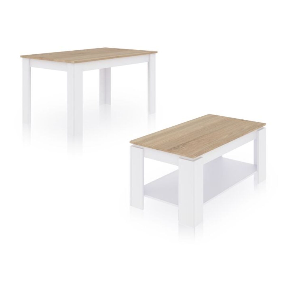 Pack mesa de comedor 140 y mesa de centro Lya Blanco Artik (Blanco Mate) - Roble Canadian
