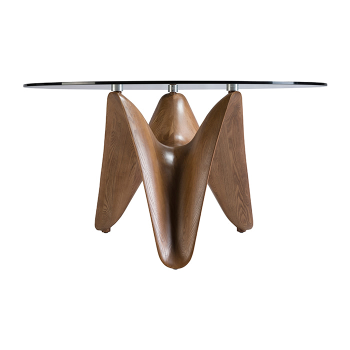 Mesa comedor redonda con tapa fija de cristal templado patas de madera en nogal 140x140x75cm