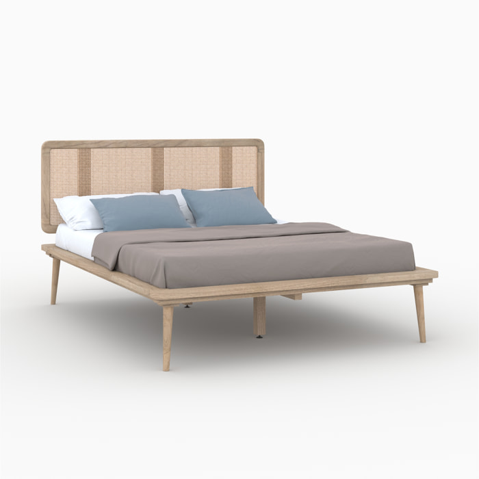 Lit double 140x190 cm en bois et cannage - Adik