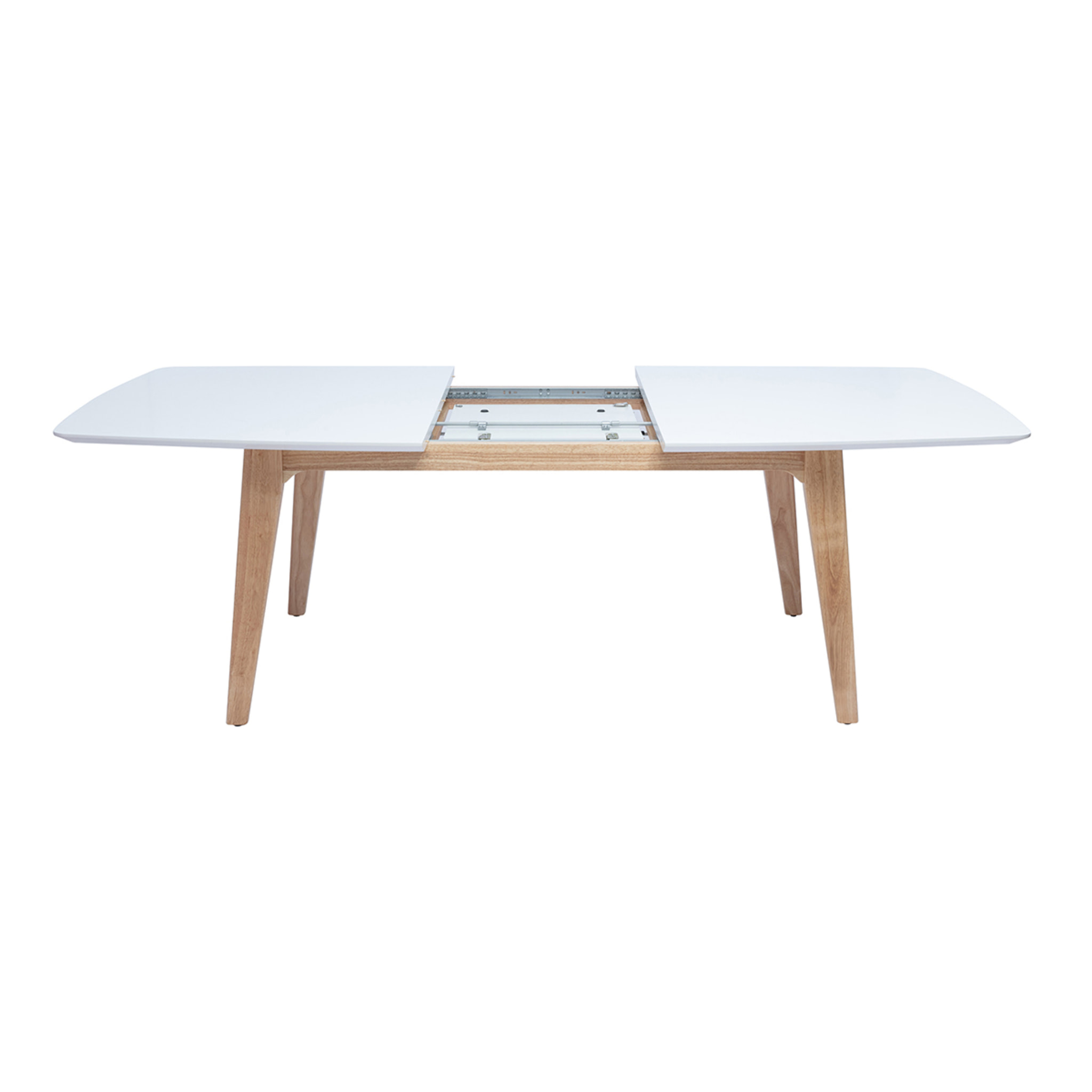 Table extensible rallonges intégrées rectangulaire finition bois blanc et hévéa massif L180-230 cm FIFTIES