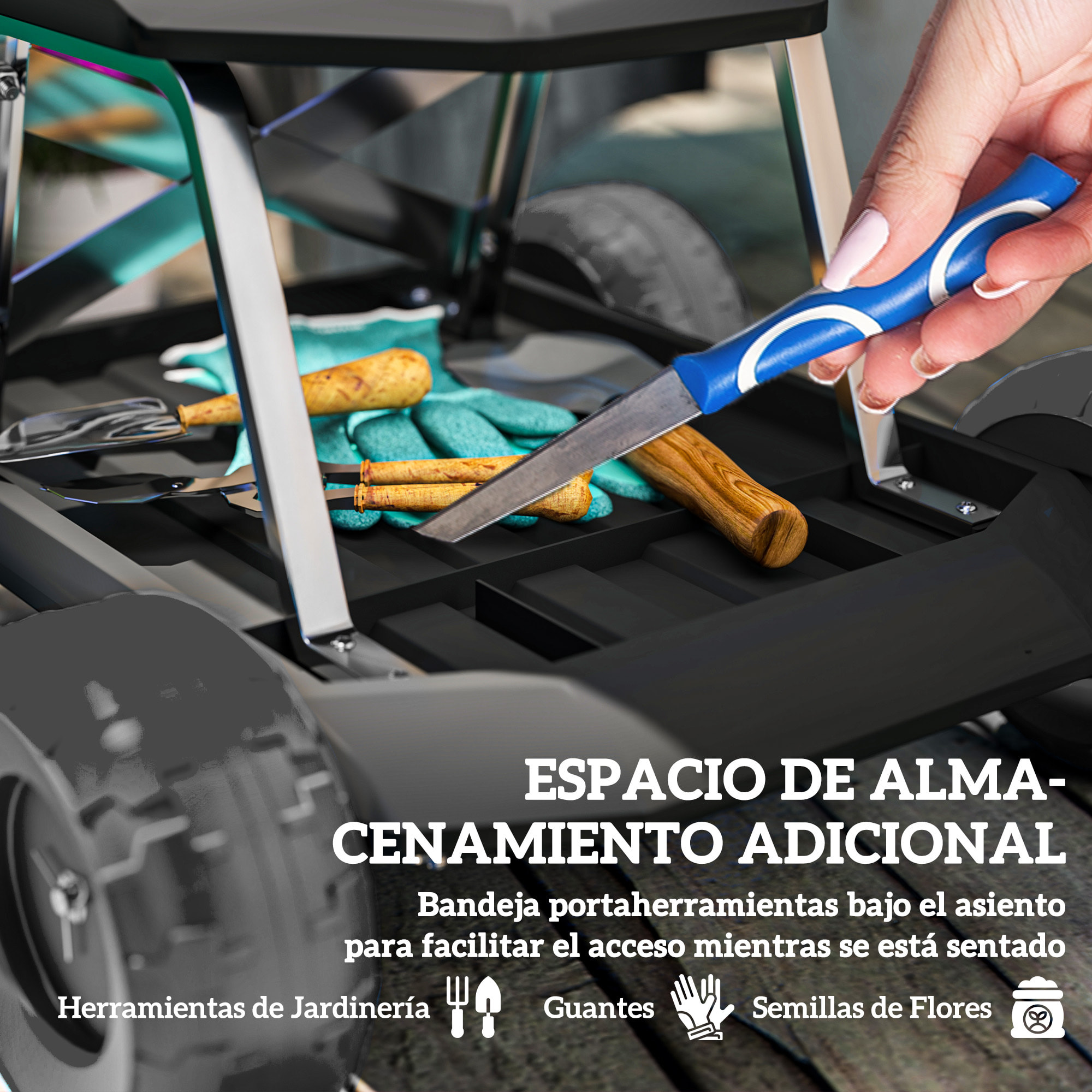 Asiento de Jardín con Ruedas Taburete de Jardinería con Bandeja de Herramientas Carrito para Trabajo Carga 130 kg para Patio Exterior Negro