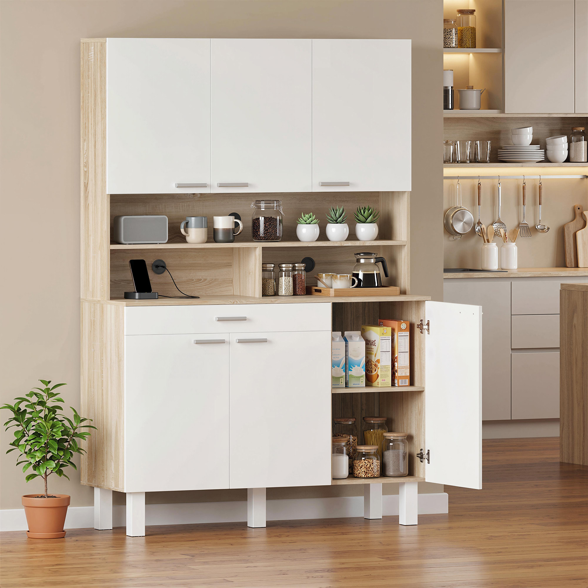 Alacena de Cocina Alta, Mueble Auxiliar de Cocina con 6 Puertas y Gran Cajón, Estantes, Encimera Amplia para Microondas, para Comedor, Salón, 120x40x175 cm, Blanco y Natural
