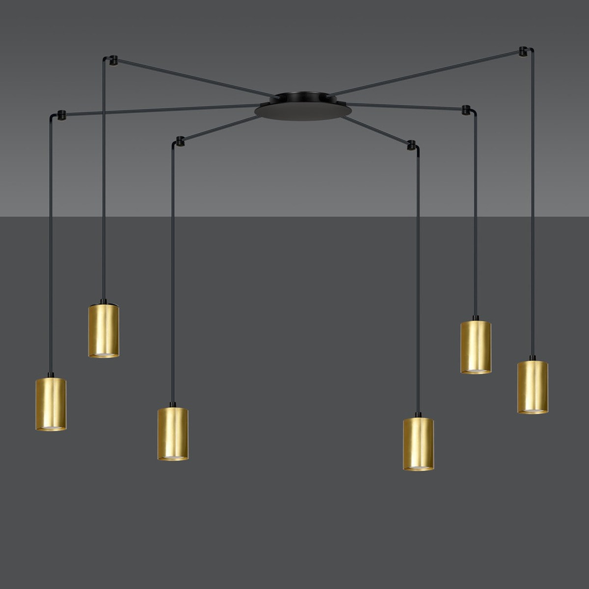 Lampada a sospensione Traker in acciaio nero opaco e oro