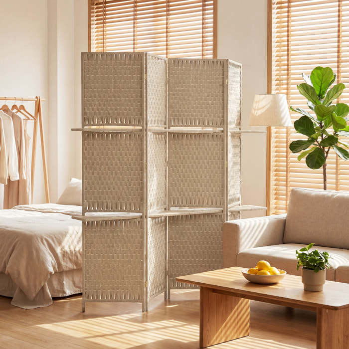 Paravent intérieur 4 panneaux 2 étagères pliables séparateur de pièce bois de pin bambou fibres de papier tressée beige paille