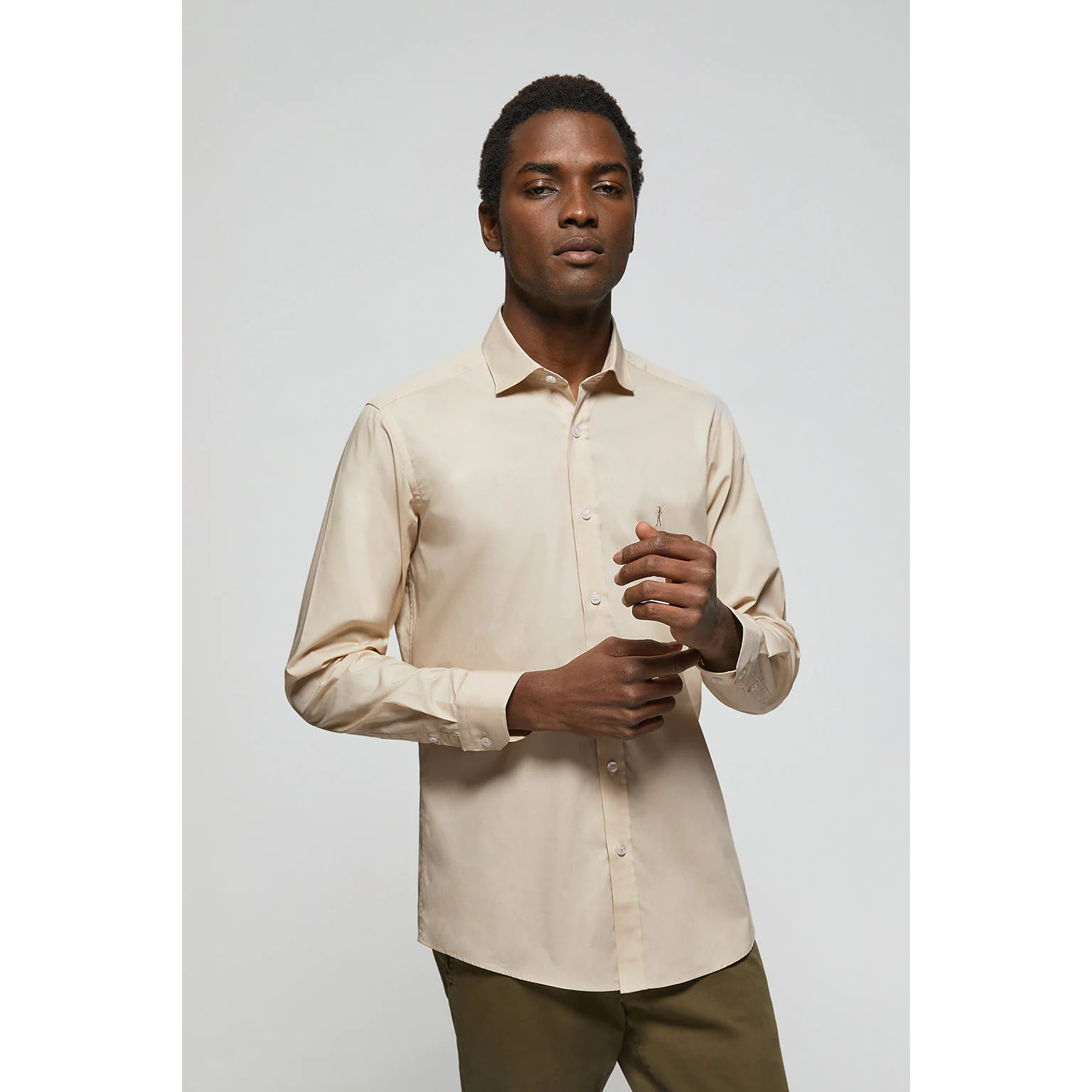 Camicia Slim in popeline beige con logo Rigby Go