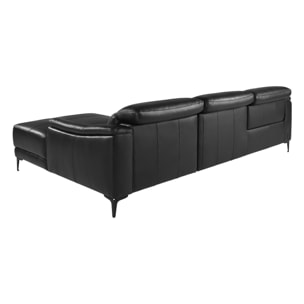 Sofá chaise longue relax derecha de 5 plazas tapizado en piel de vacuno en negro con reposacabezas patas de acero inoxidable en negro mate 272x168x96cm