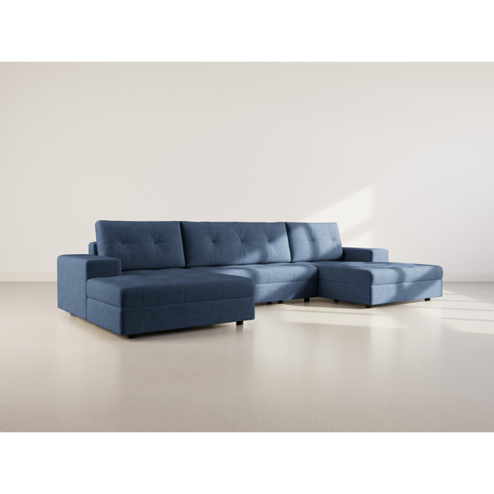 Bastian - canapé panoramique en U 7 places convertible avec coffre en velours texturé - Bleu