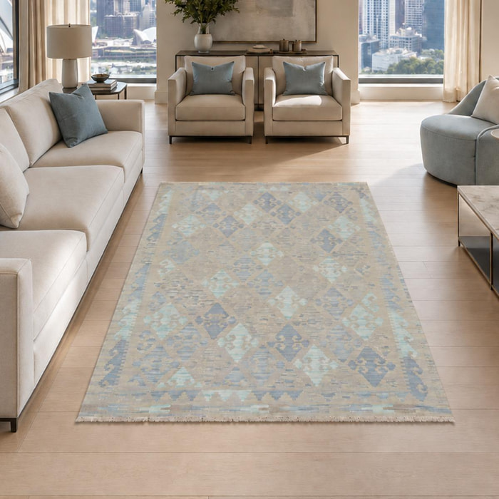 Tapis kilim au motif géométrique, tissage plat naturel, OJAG