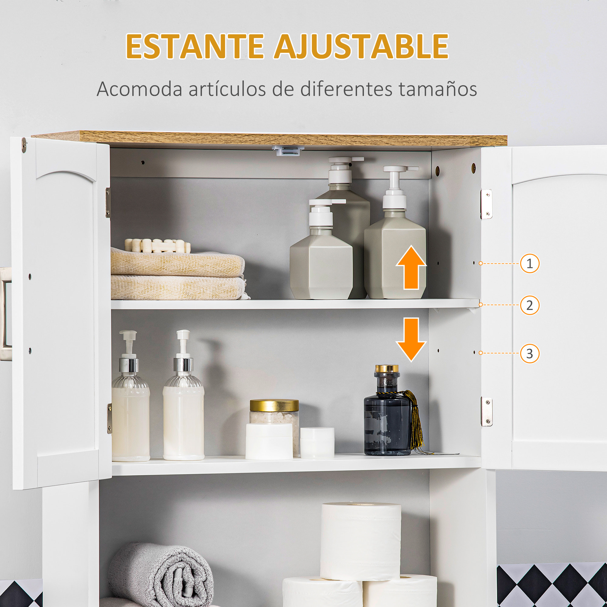 Mueble sobre Inodoro con 2 Puertas Balda Ajustable Estante para Baño 64x22x165cm