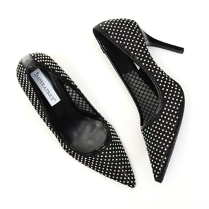 Dècolletè pumps in simil pelle con tomaia bucherellata ricoperta di strass