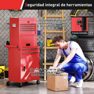Carro de Herramientas con 6 Cajones y Cerraduras, 3 en 1, Carro de Taller Móvil con Ruedas y Panel Lateral Perforado, Caja de Herramientas Desmontable de Acero, para Taller, Garaje, Rojo