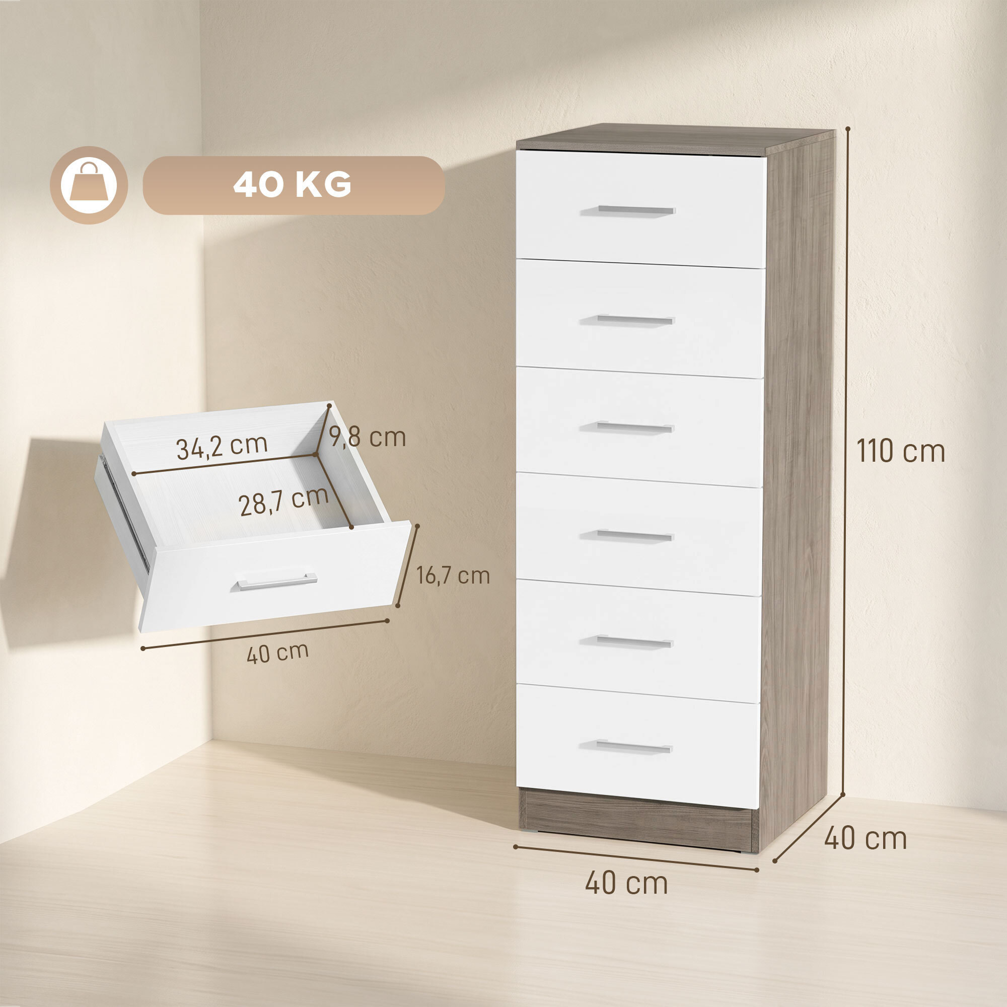 Cómoda de 6 Cajones, Cajonera para Dormitorio Alta y Estrecha, Sinfonier para Salón, Vestidor, Entrada, 40x40x110 cm, Gris Claro y Blanco
